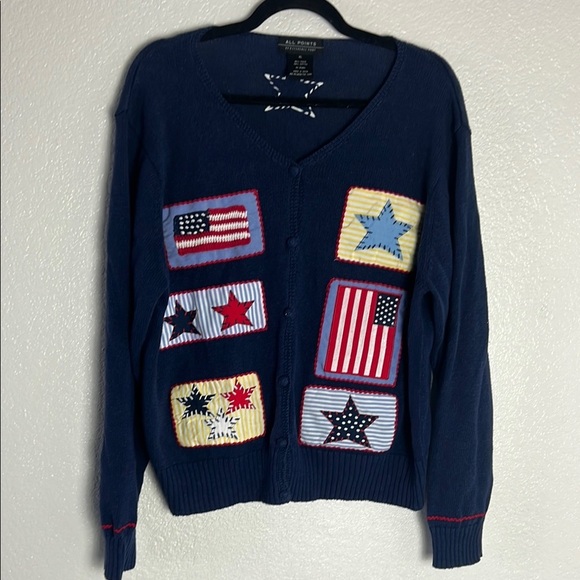 All Points Navy Cardigan with Star and Flag Patches - Picture 1 of 15